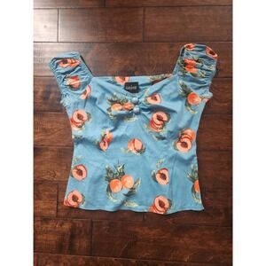 Collectif Peach Print Blouse Womens Blue Excellent Retro Puff Sleeve Top